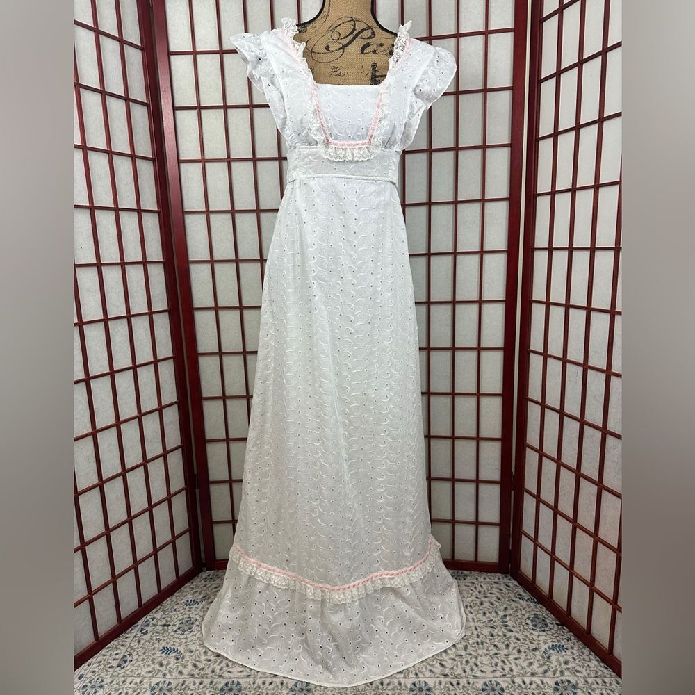 Vintage Roberta of California White Prairie Apron Eyelet Cottagecore Maxi Dress